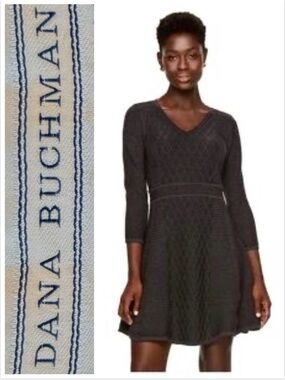 Dana Buchman Dress Sweater Knit Gray V‑Neck Fit & Flare 3/4 sleeve textured Med